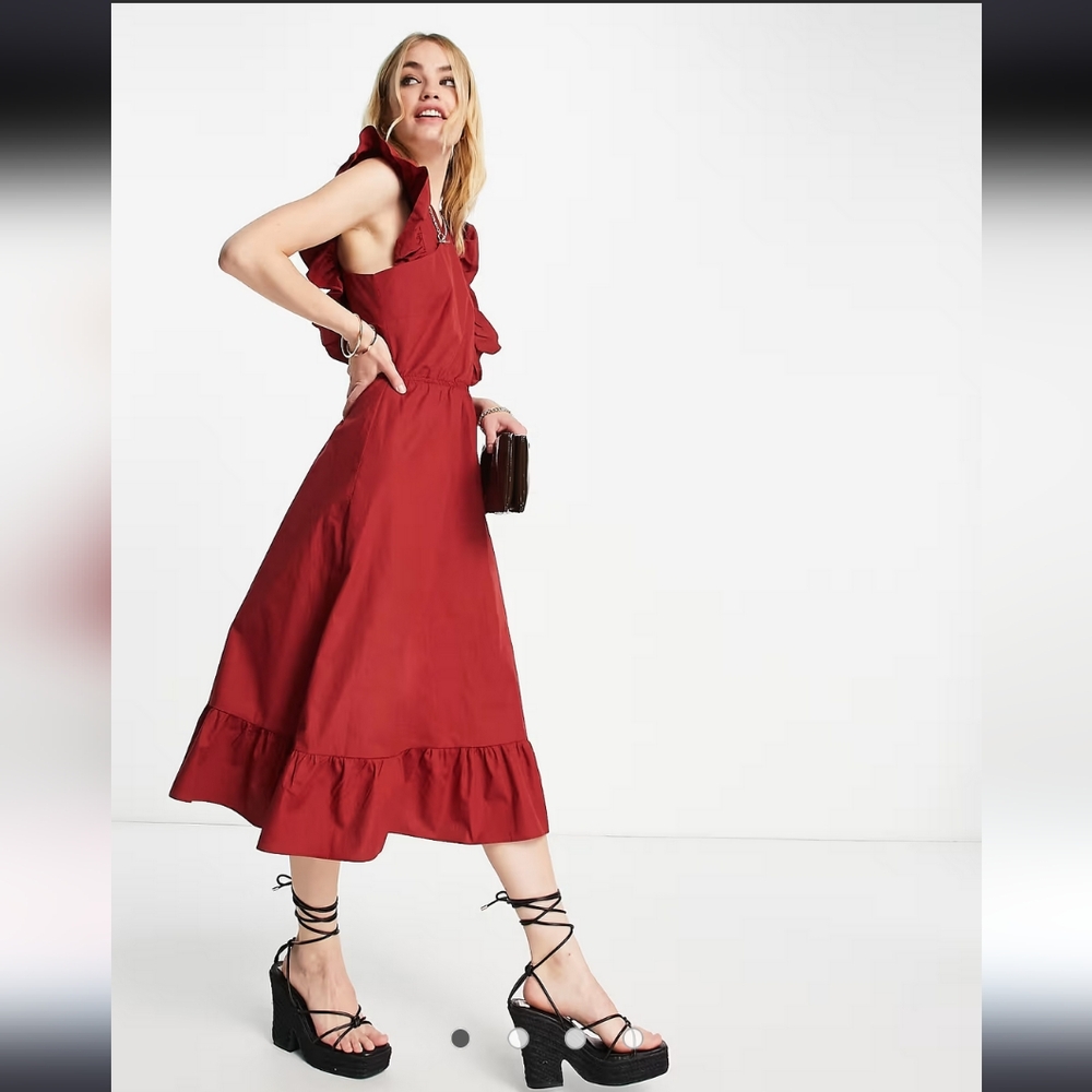 Aware Vero Moda Aware cross front midi dress with frill red  Organic Cotton Smal